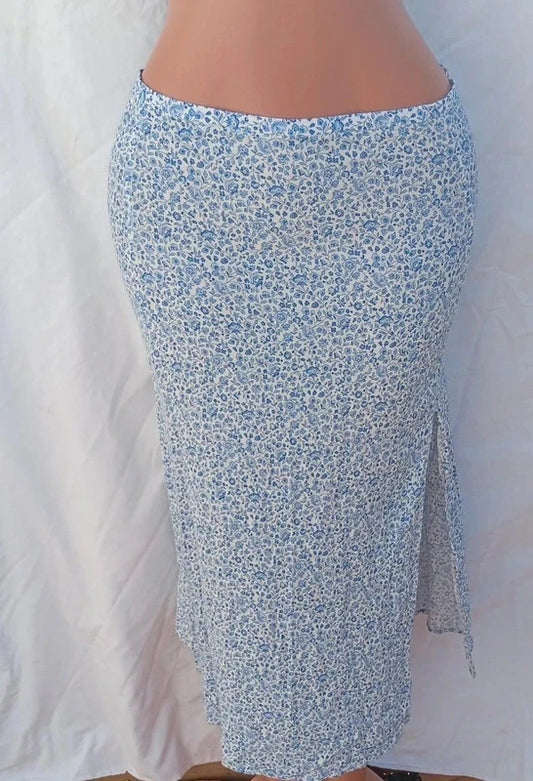 H&H Floral Midi Skirt Blue White Side Split Women’s UK 12