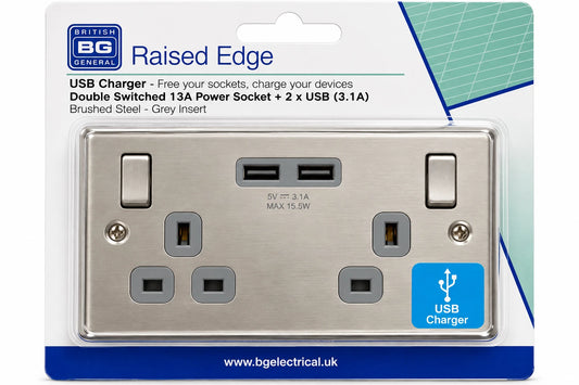 BG 13A Double Switched Socket 2 USB 3.1A Brushed Steel CBS22U3G