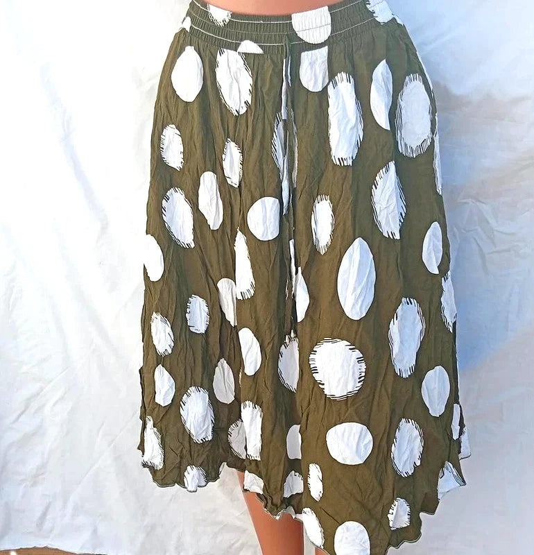 Firebird’s Khaki Green Polka Dot Midi Skirt