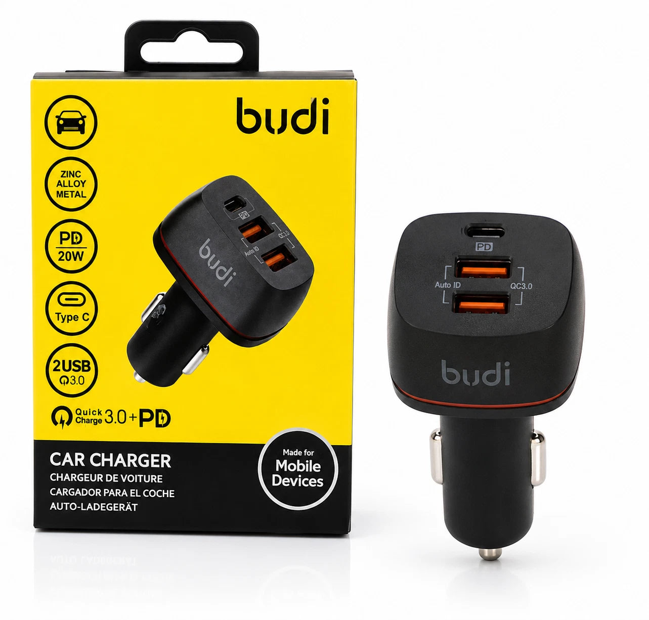 Budi 48W Car Charger 20W USB-C PD Dual QC 3.0 Fast Charge 3 Port Adapter