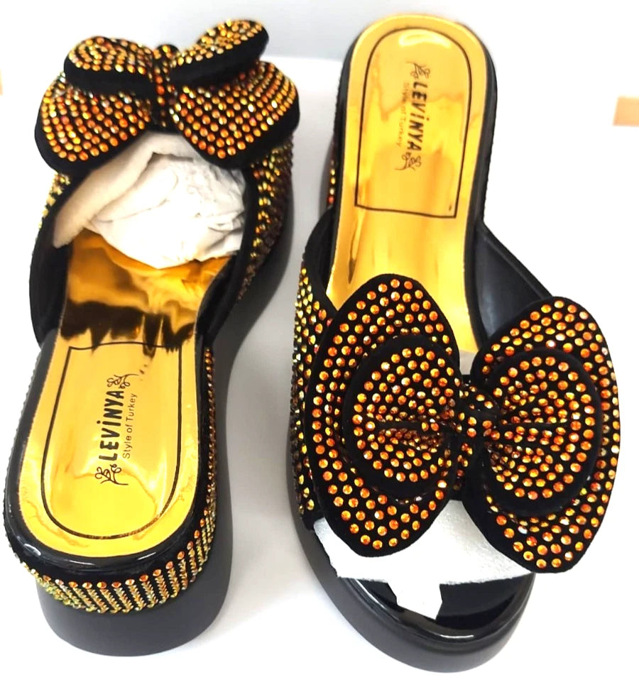 Levinya Women's Slide Sandals – Black with Gold Rhinestone Bow UK 8 (EU 42)