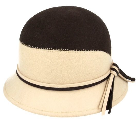 Ladies Vintage Wool Cloche Hat With Strap Bow & Belt | One Size | Brown | A-CL319