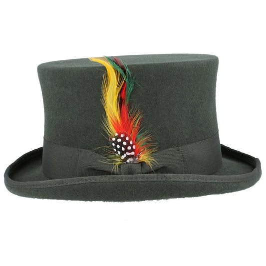 Wool Felt Top Hat – Olive Green with Feather – Size: Large 59cm (7 1/2)
