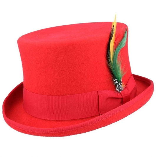 Wool Felt Top Hat – Red with Removable Feather – Size: Large 59cm (7 1/2)
