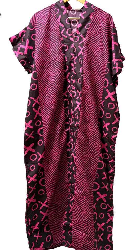 Elegant Bubu Gown – Pink & Black Geometric Print | Kaftan Dress for Women UK Size:22 | US Size: 18