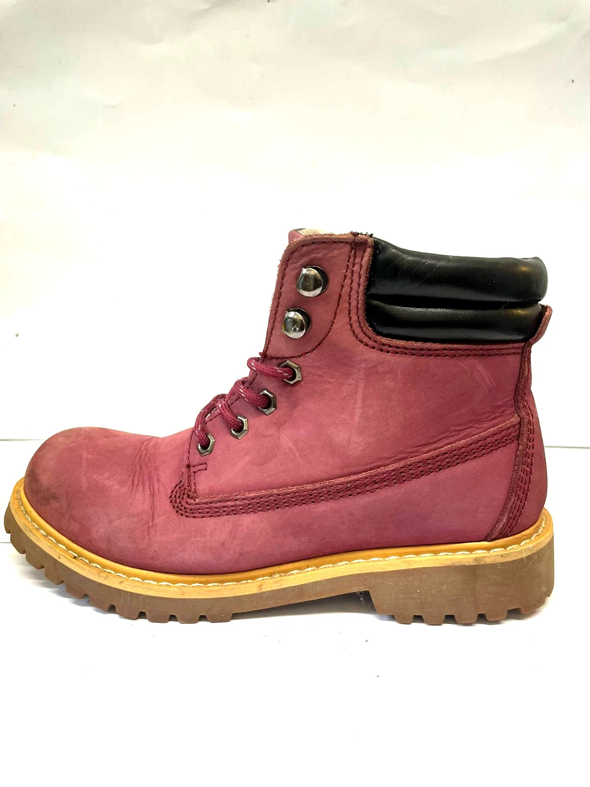 Women’s Maroon Lace-Up Ankle Boots UK 5 Leather Hiking Style Chunky Sole