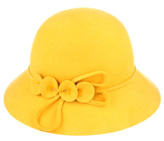 Vintage Wool Cloche Hat Flower & Strap Belt – Mustard | Size M 57cm | CL306MUS