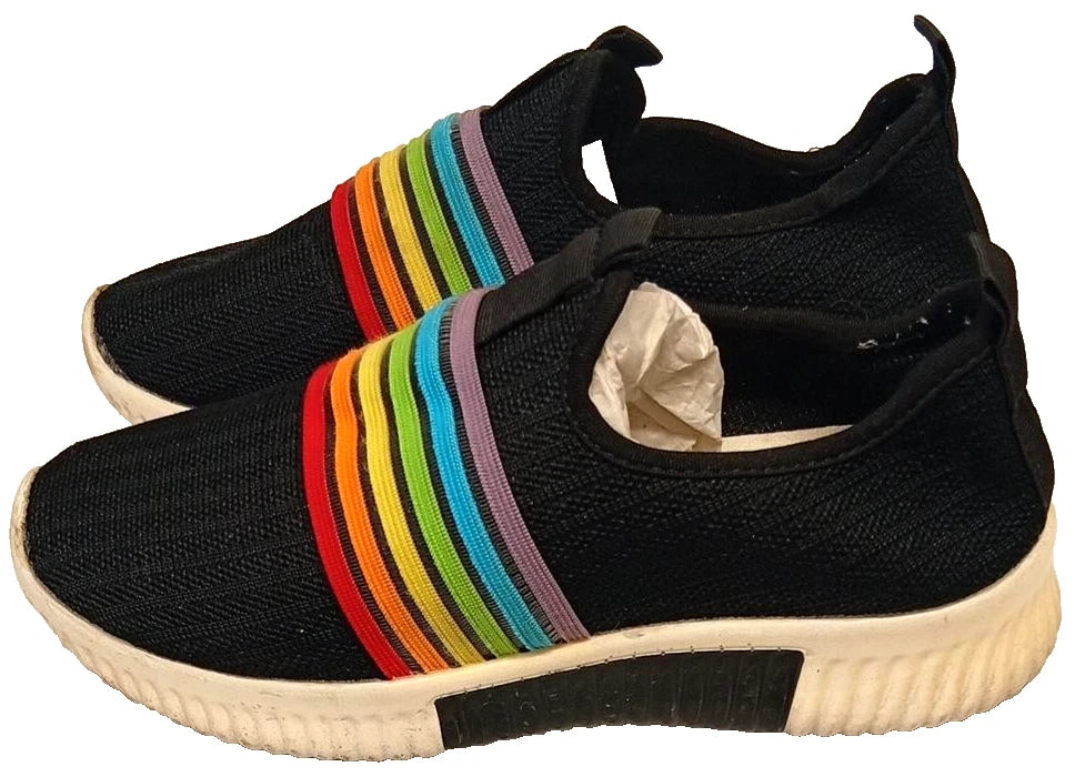 Women’s Black Slip-On Trainers Rainbow Stripe Elastic Shoes UK 4.5 / EU 37.5