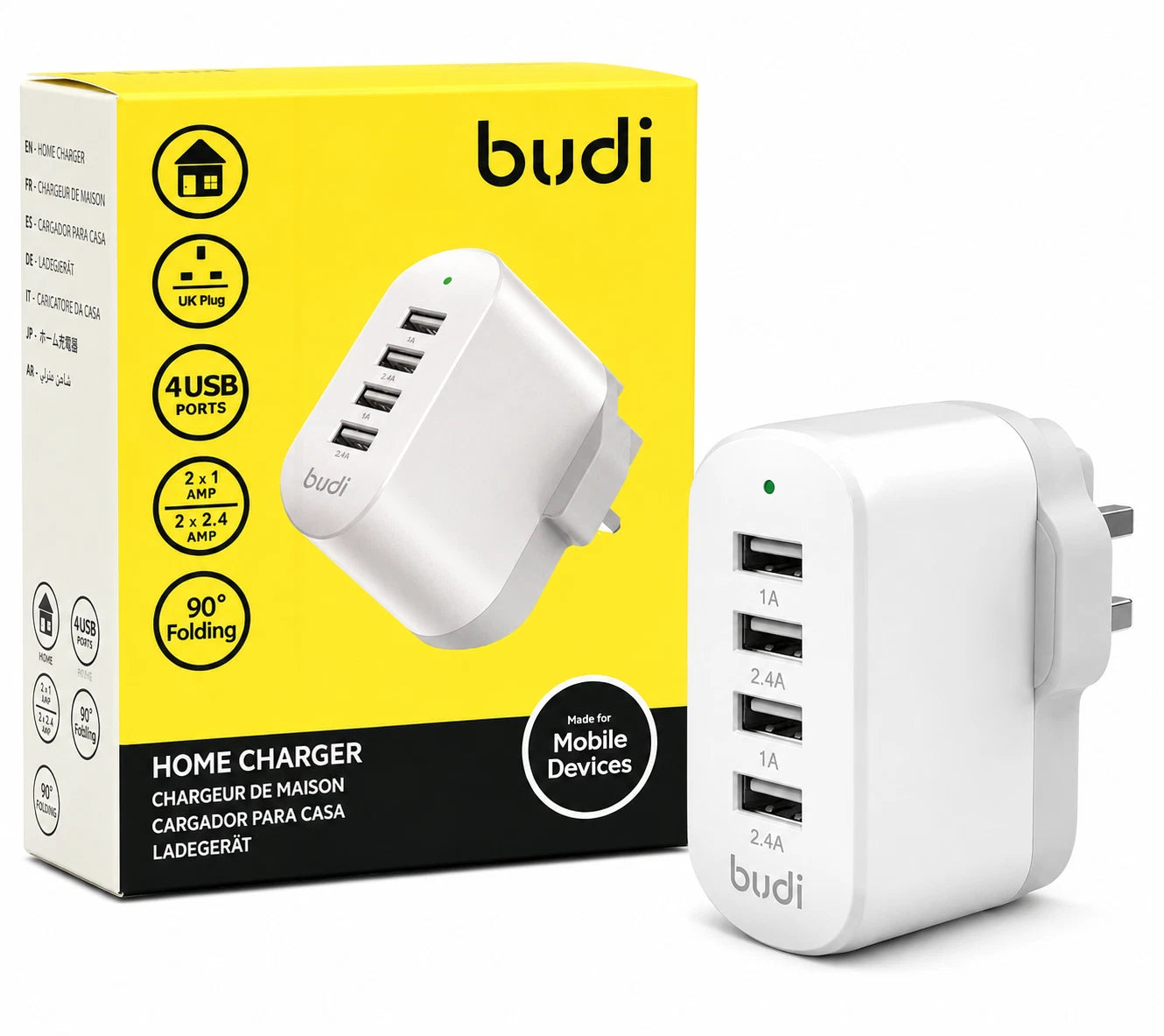 Budi 4 Port USB Home Charger UK Plug 2x 2.4A 2x 1A Folding Mains Adapter