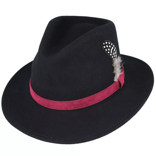 Crushable Wool Felt Fedora Hat Adorned with Feather Pin Black - Medium