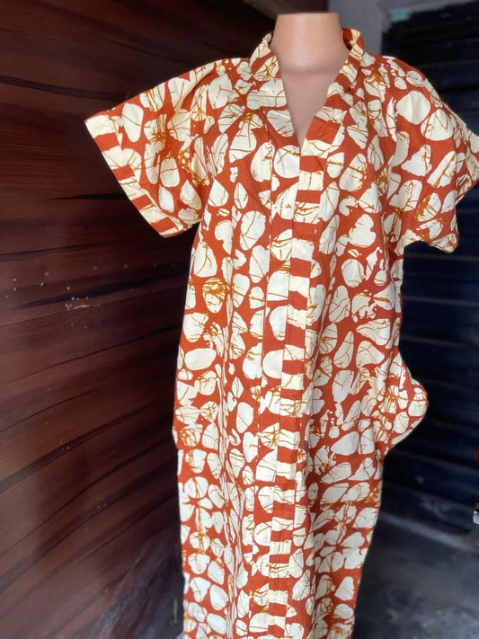 Elegant Rust & Cream Floral Bubu Gown – UK Size 16