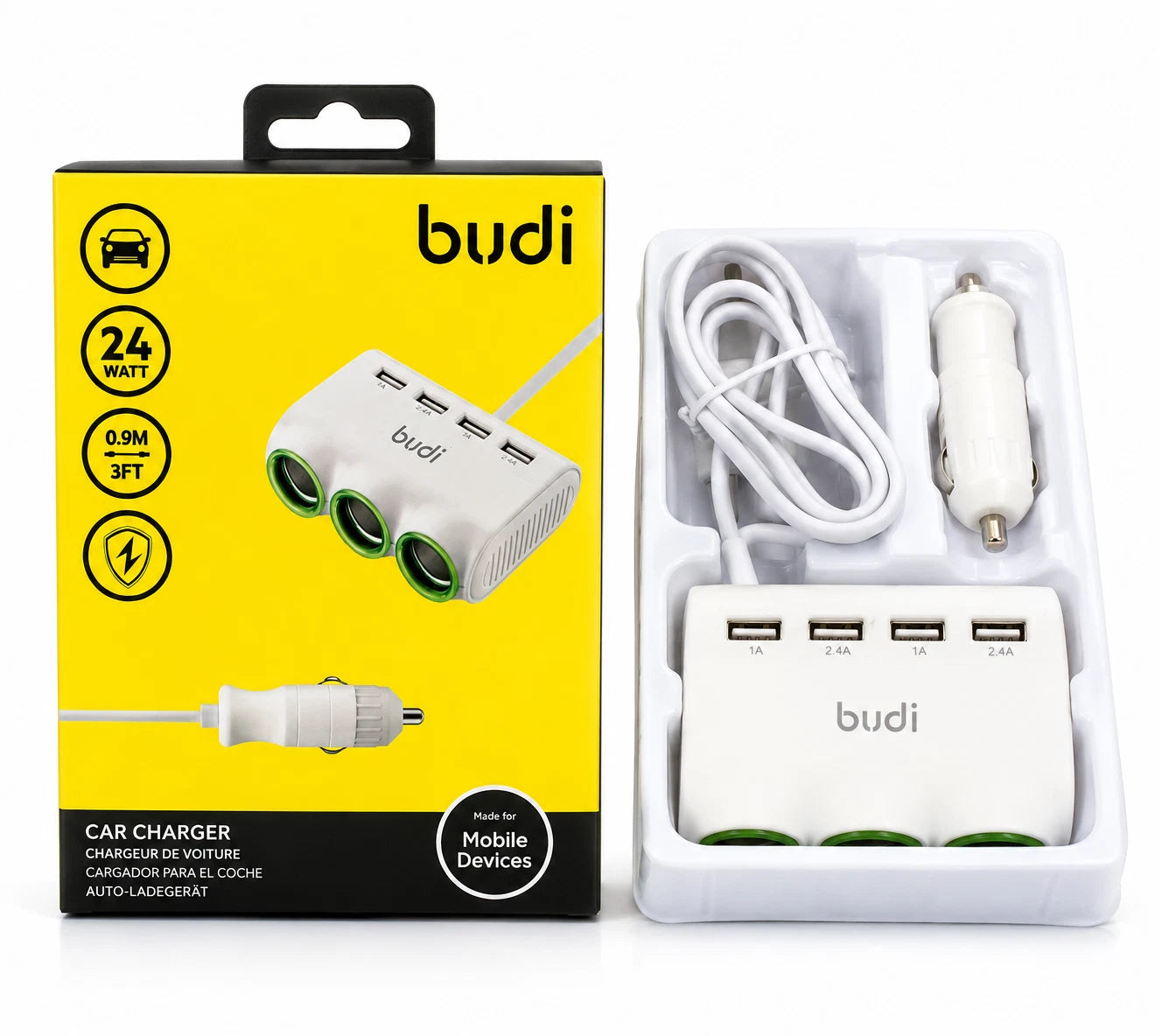 3 Way Car Cigarette Lighter Splitter 4 USB Charger 24W 12V Adapter