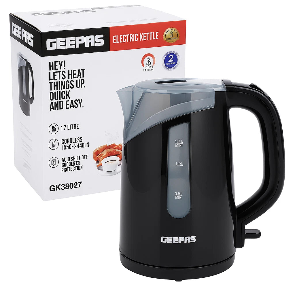 Geepas Cordless Electric Kettle 1.7L/2200W -Fast Boil Auto-shut Black