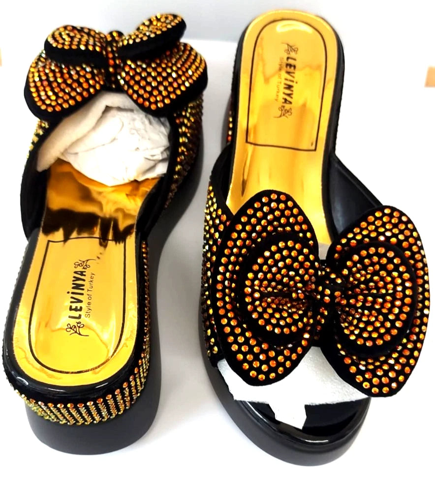 Levinya Women's Slide Sandals – Black with Gold Rhinestone Bow – UK 5 (EU Sizes 38)