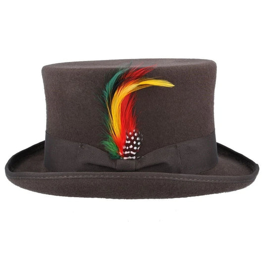 Wool Felt Top Hat – Brown with Feather – Size: Medium 58cm (7 1/8)