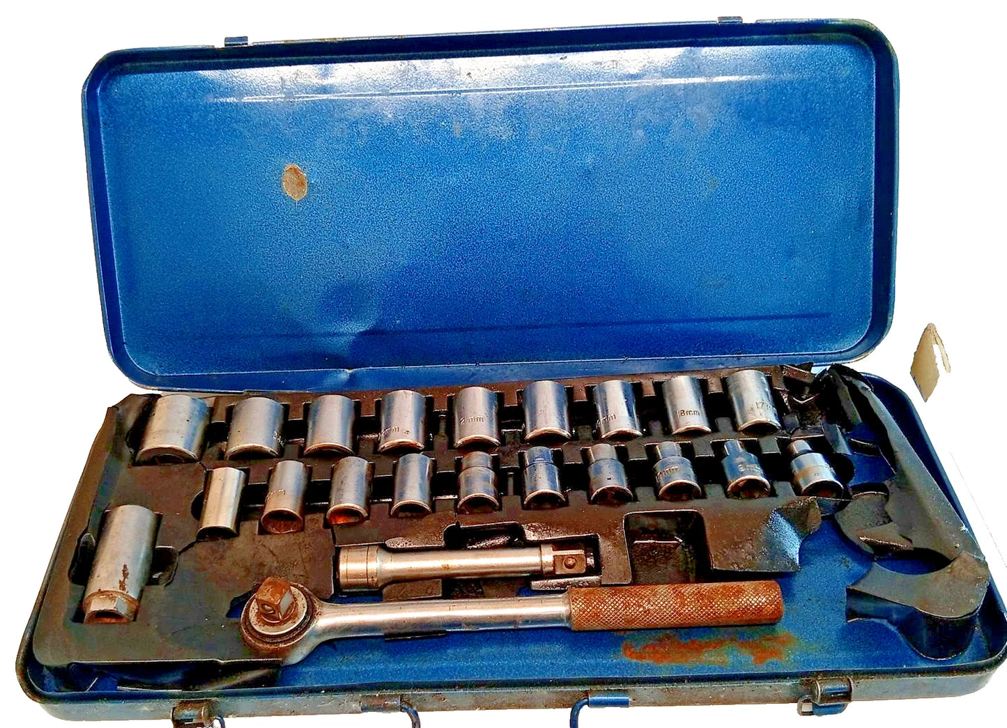 Vintage 21pc Metric Socket Set Ratchet Extension Bars In Metal Case