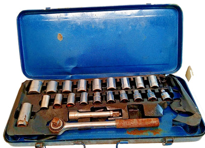 Vintage 21pc Metric Socket Set Ratchet Extension Bars In Metal Case