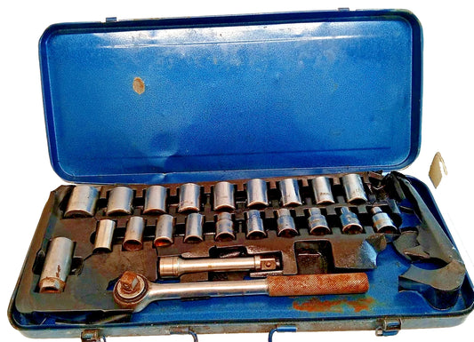 Vintage 21pc Metric Socket Set Ratchet Extension Bars In Metal Case