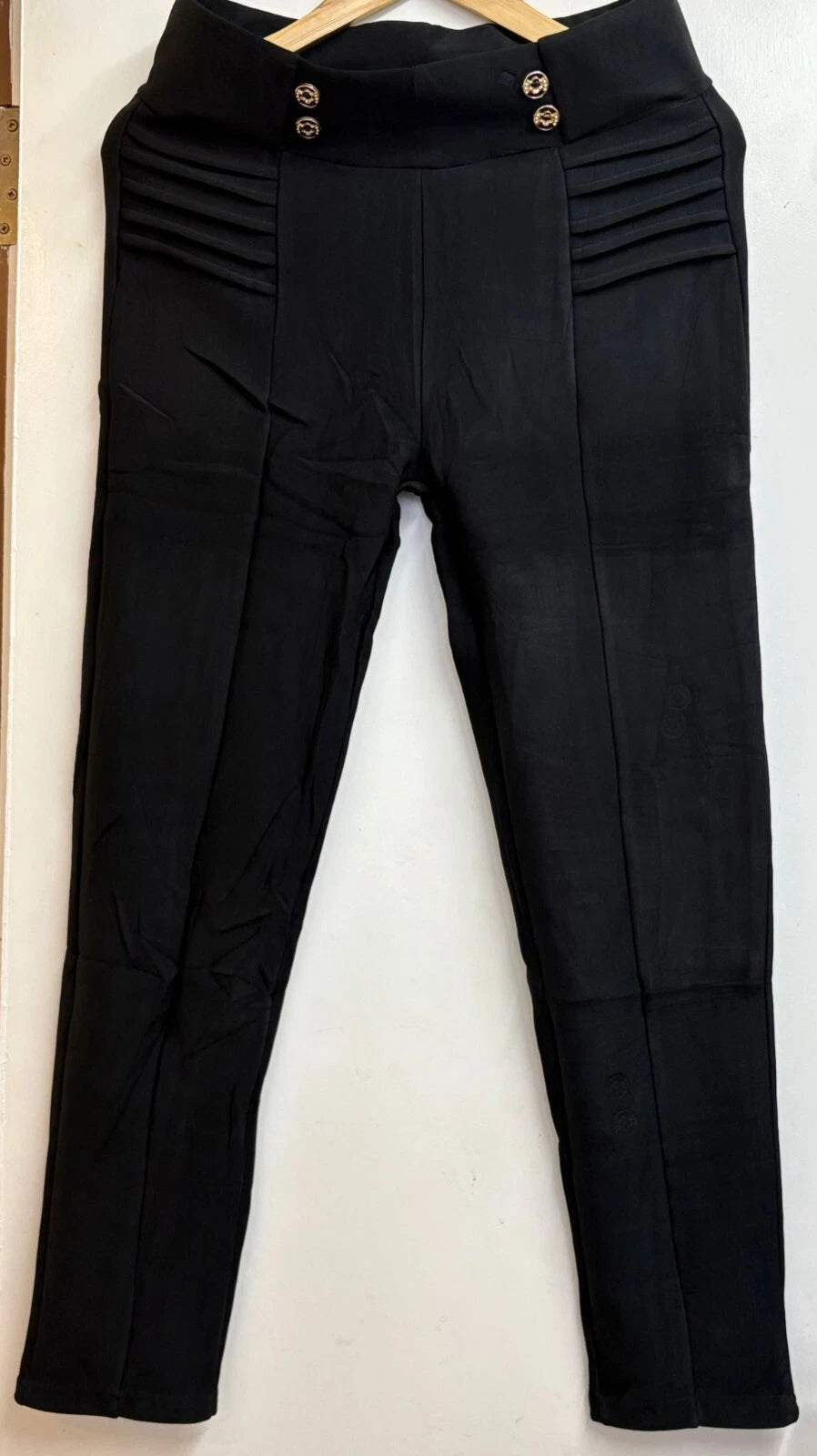 Women's High-Waisted Slim Fit Trousers – Black with Gold Button Detail