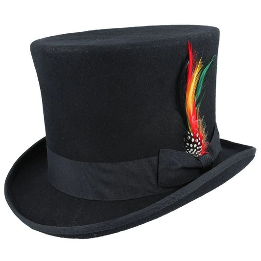 Men’s Traditional Black 100% Wool Felt Top Hat with Feather – Size: Large 59cm