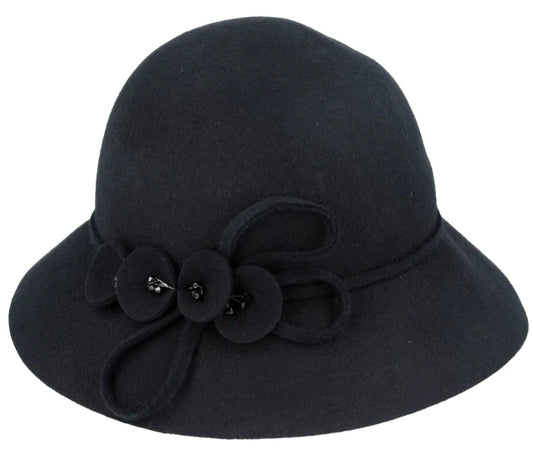 Vintage Wool Cloche Hat With Flower & Strap Belt –Black | Size M 57cm | CL306BLK