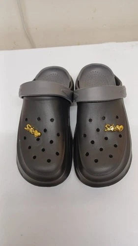 Black EVA Foam Clogs Sandals with Gold “Smile” Charm – Unisex Slip-On Casual Shoes – Sizes EU 38 (UK 5)