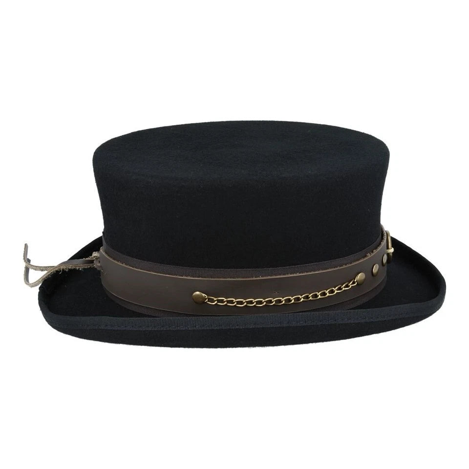 Gothic Steampunk Top Hat Black with Brown Leather Look Band – Size: 57cm (7 1/4)