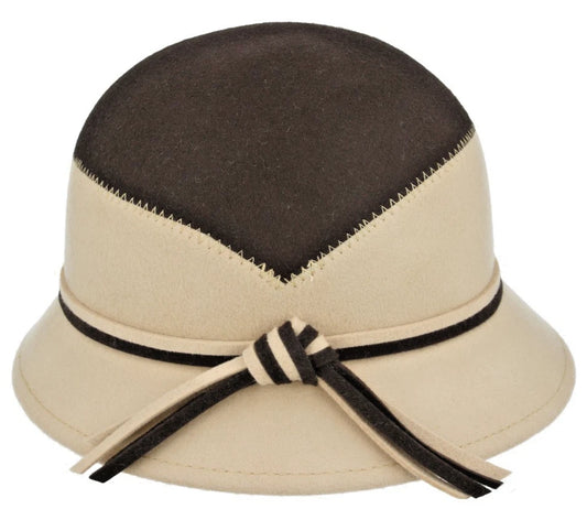 Ladies Vintage Wool Cloche Hat With Strap Bow & Belt | One Size | Brown | A-CL319