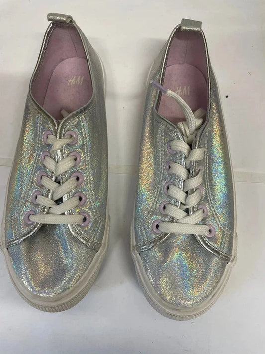 H&M Girls Silver Glitter Trainers UK 2.5 EU 35 Holographic Sparkle Lace-Up Shoes