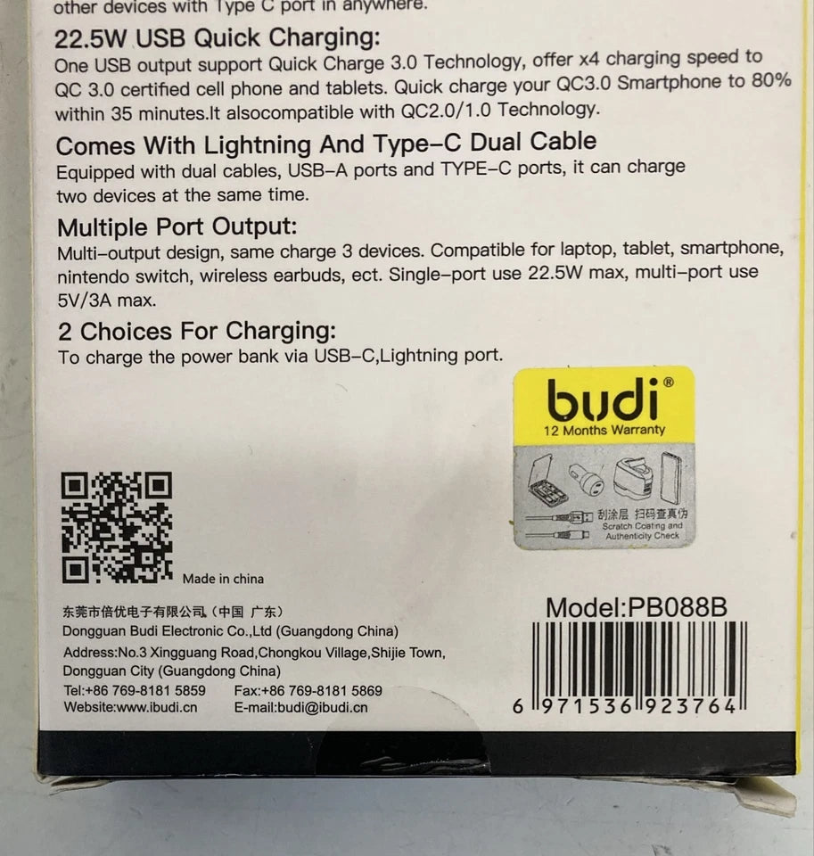Budi PB088B 10000mAh Power Bank 22.5W Quick Charge PD20W