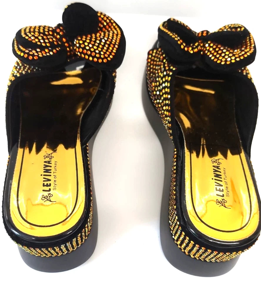 Levinya Women's Slide Sandals – Black with Gold Rhinestone Bow – UK 5 (EU Sizes 38)