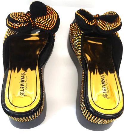Levinya Women's Slide Sandals – Black with Gold Rhinestone Bow – UK 5 (EU Sizes 38)