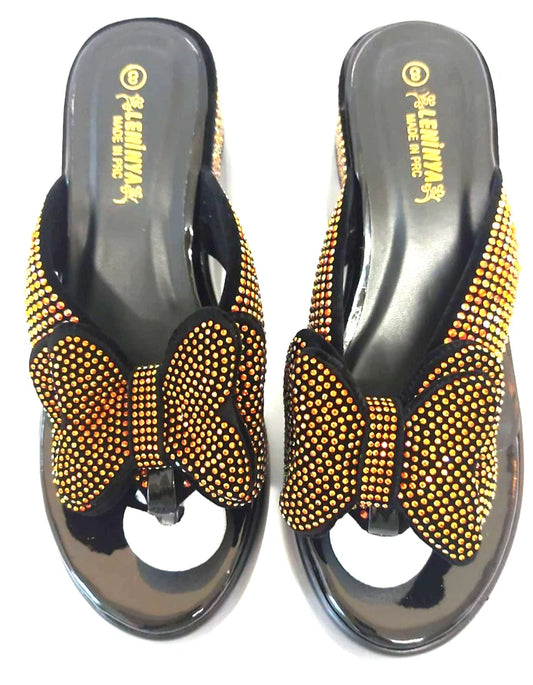 Levinya Women's Slide Sandals – Black with Gold Rhinestone Bow UK 4.5 (EU 37)