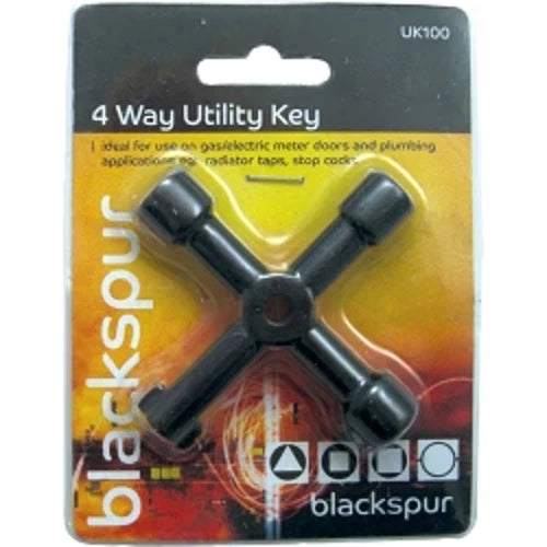 4 Way Service Plumbing Utility Key for Gas Electric Meter Cabinets Radiator Key