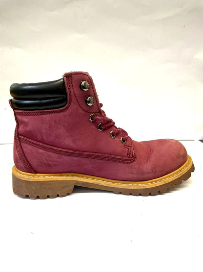 Women’s Maroon Lace-Up Ankle Boots UK 5 Leather Hiking Style Chunky Sole
