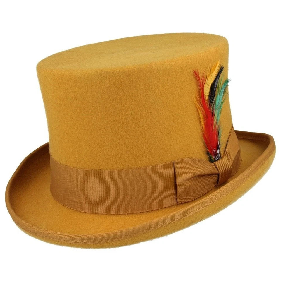 Wool Felt Top Hat – Mustard Yellow with Feather Size: Large 60cm (7 1/2)