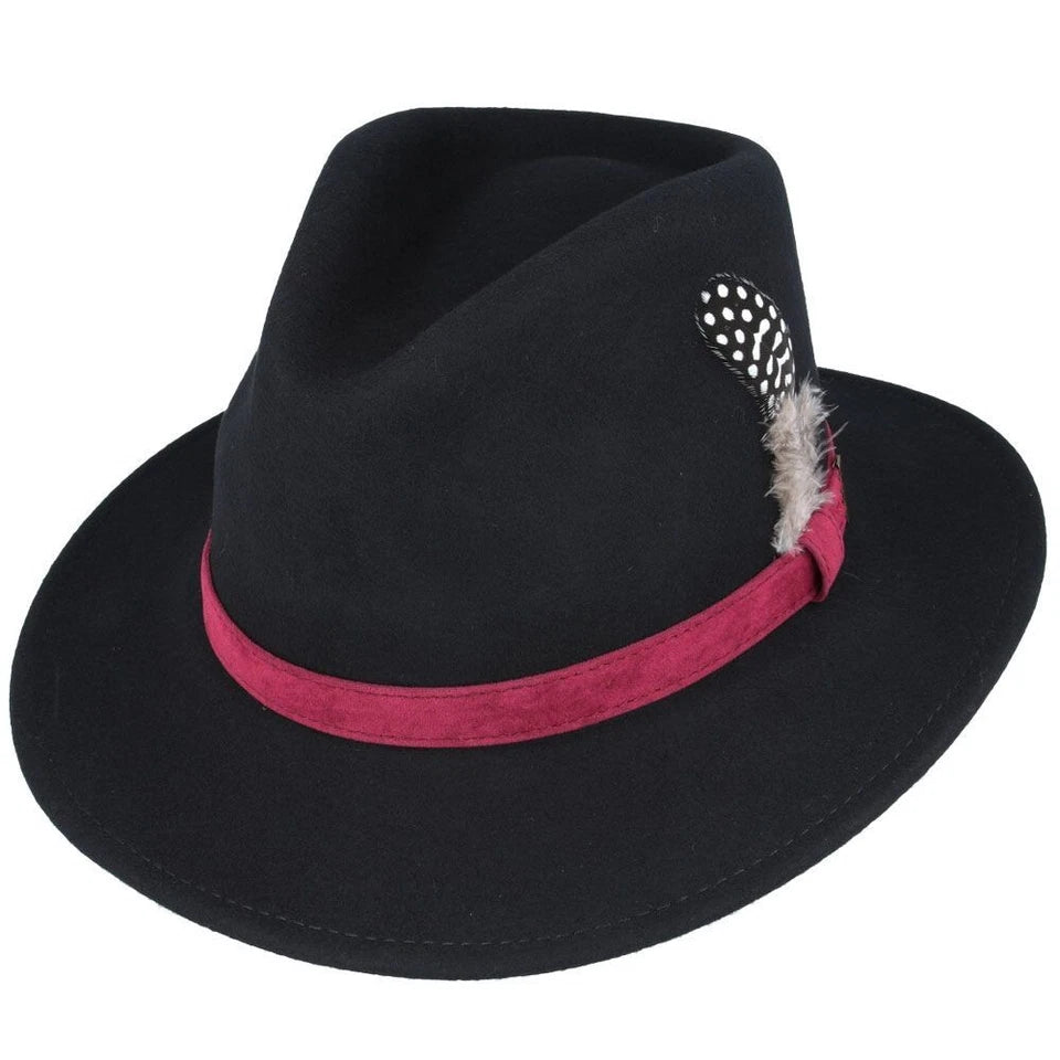 Crushable Wool Felt Fedora Hat Adorned with Feather Pin Black - Medium