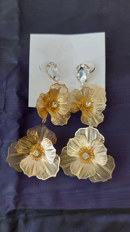 Gold-Tone Floral Drop Earrings with Crystal Accents