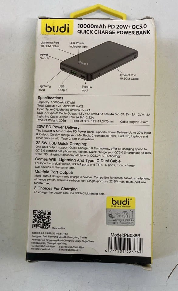 Budi PB088B 10000mAh Power Bank 22.5W Quick Charge PD20W