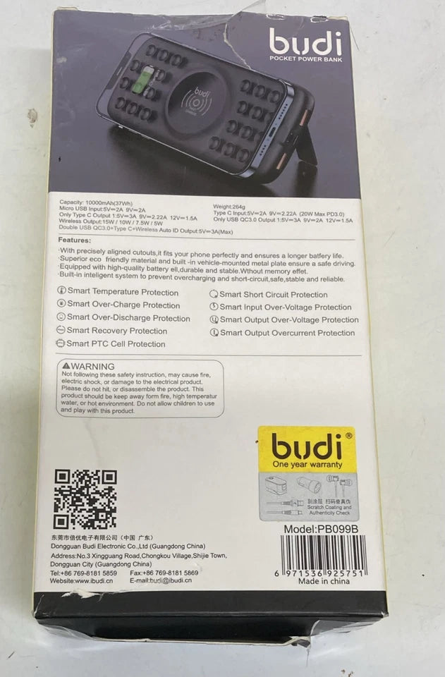 Budi 10000mAh Wireless Power Bank 20W PD 15W Fast Charge Built-In Cables