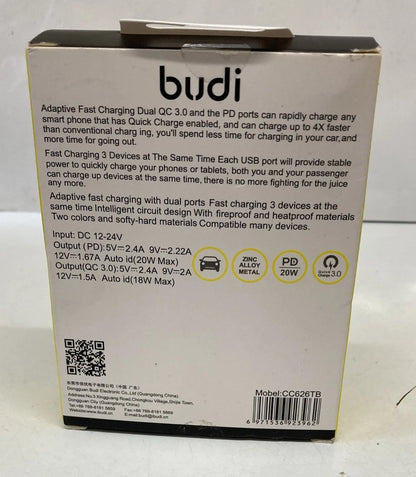 Budi 48W Car Charger 20W USB-C PD Dual QC 3.0 Fast Charge 3 Port Adapter