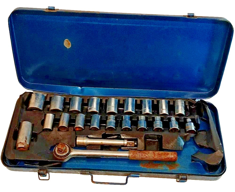 Vintage 21pc Metric Socket Set Ratchet Extension Bars In Metal Case