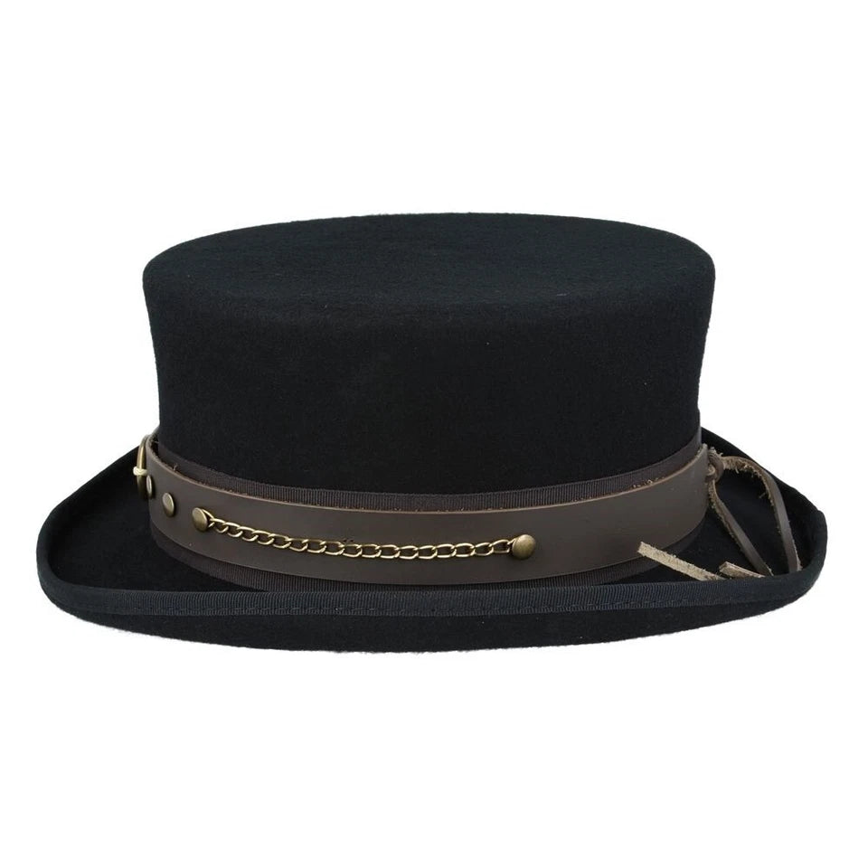 Gothic Steampunk Top Hat Black with Brown Leather Look Band – Size: 57cm (7 1/4)