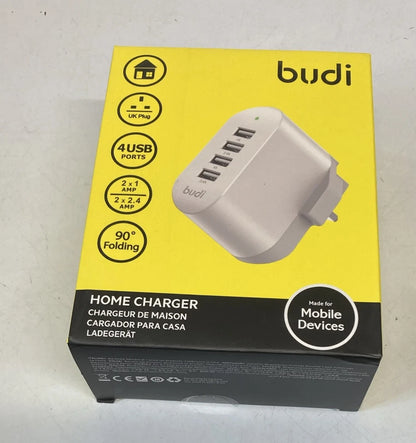 Budi 4 Port USB Home Charger UK Plug 2x 2.4A 2x 1A Folding Mains Adapter