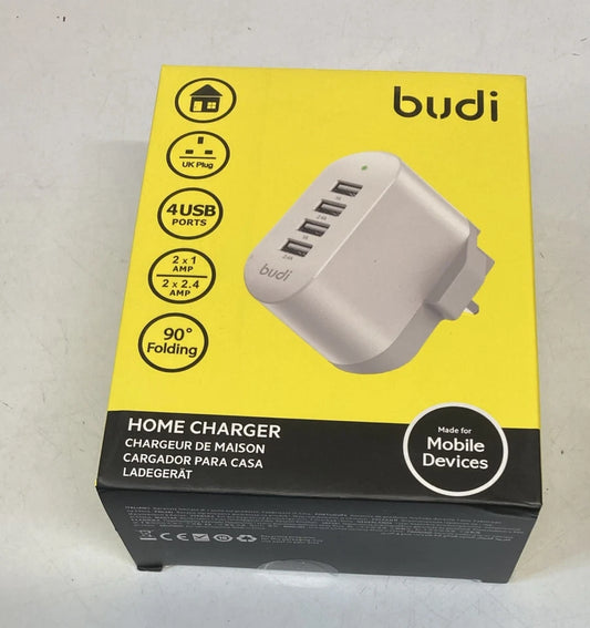 Budi 4 Port USB Home Charger UK Plug 2x 2.4A 2x 1A Folding Mains Adapter