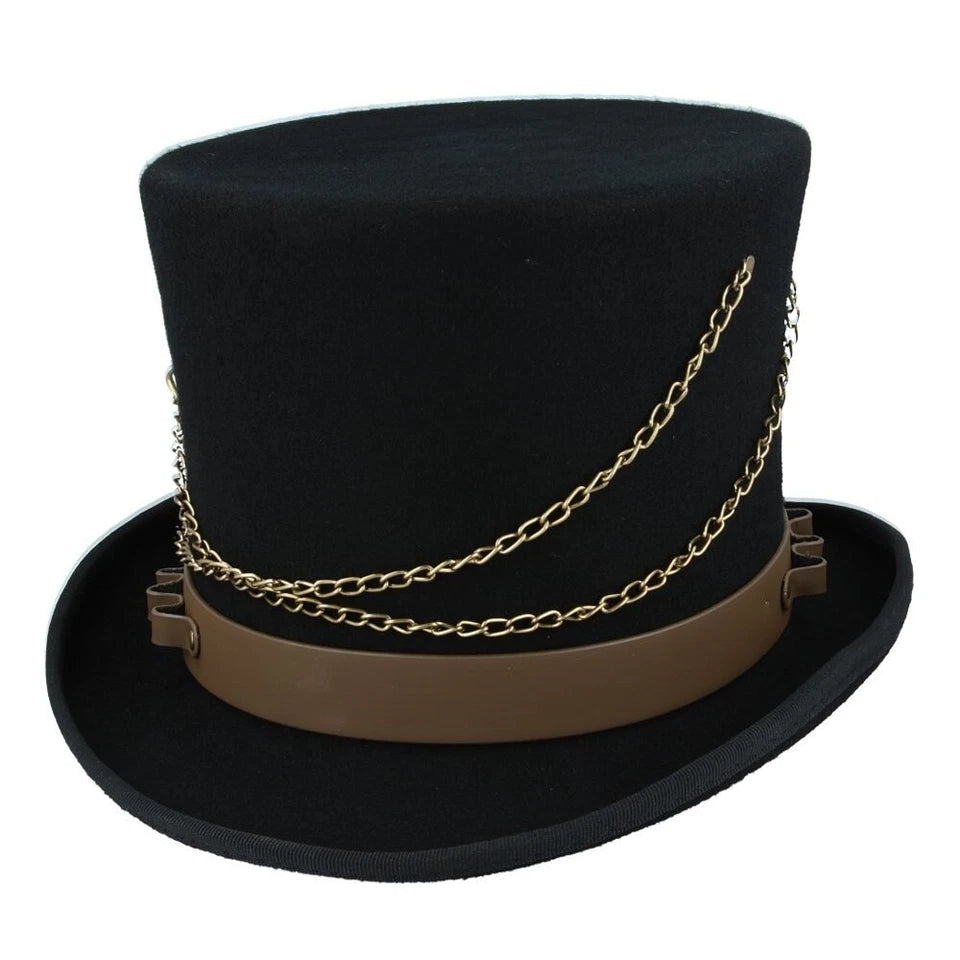 Steampunk Top Hat, Black with Brown Leather-Look Bands & Chains –59cm (7 1/2)
