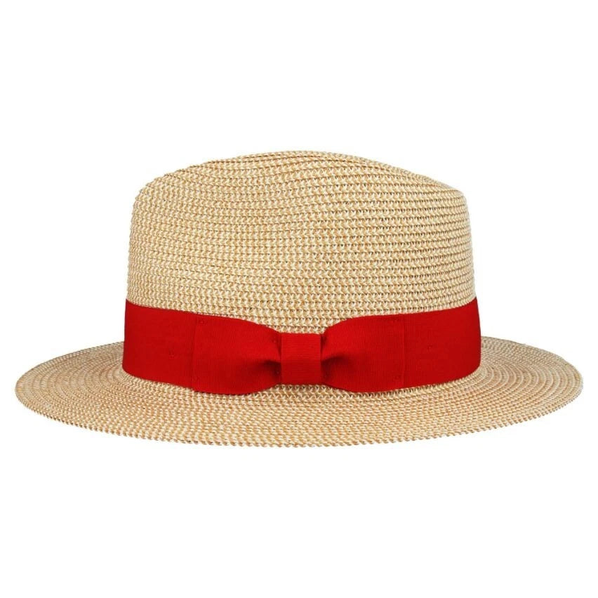 Limited Edition Straw Fedora Hat With Red Band - Natural (Medium 57cm)