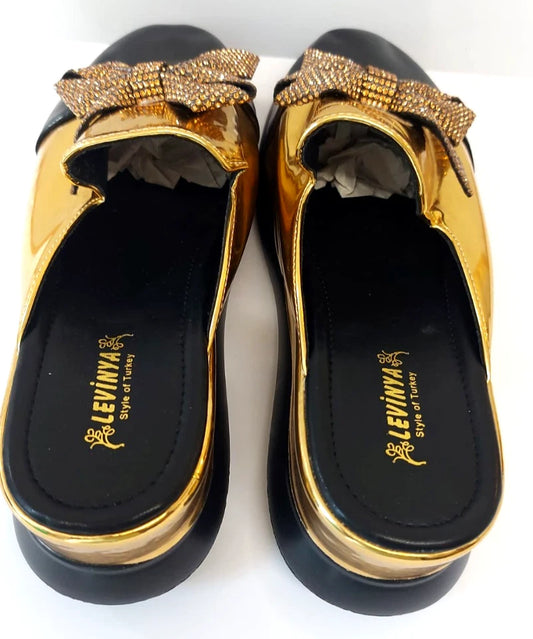Levinya Women's Gold & Black Slip-On Mules with Bow – UK Size 5 (EU Size 38)