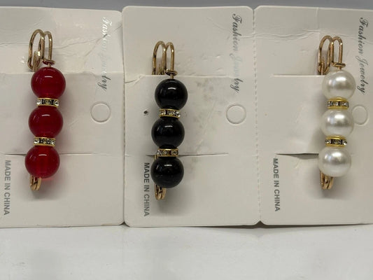Elegant Pearl & Crystal Hijab Pins – Red, Black & White