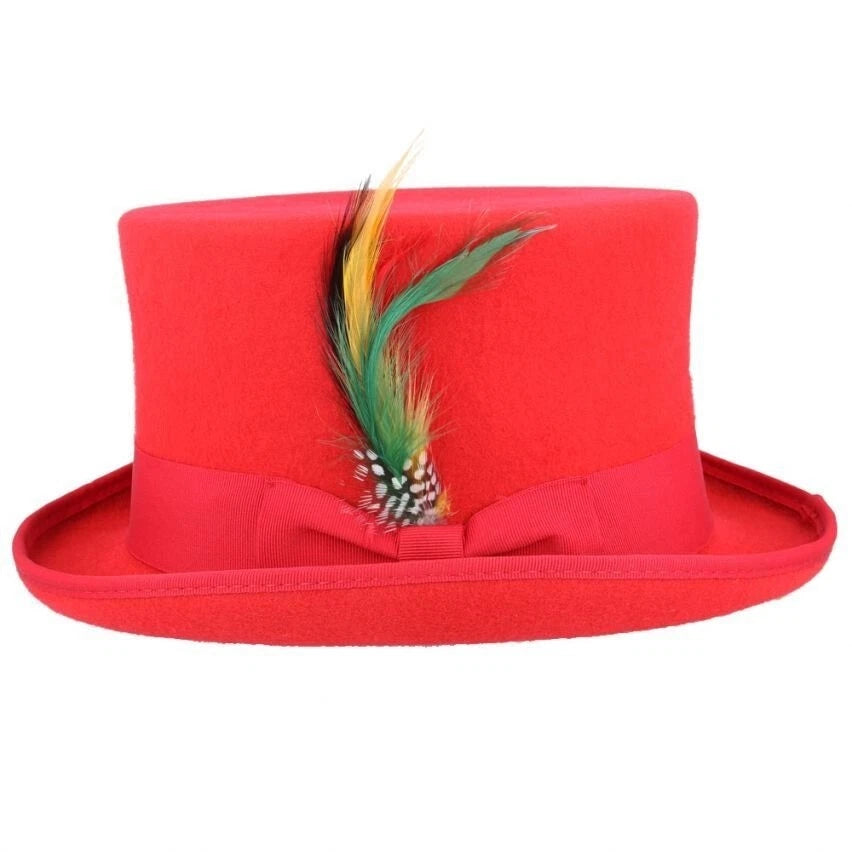 Wool Felt Top Hat – Red with Removable Feather – Size: Large 59cm (7 1/2)